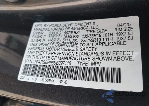 2025 Honda Cr-V Hybrid Sport Touring из США, поврежденный, VIN 7FARS6H96SE097110